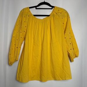 A New Day Yellow Eyelet Square Neck‎ 3/4 Sleeve Cotton Blouse Top Women's L Work